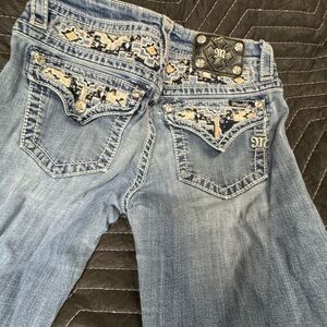 Miss Me Light Blue Boot Cut Jeans with Cream Embroidery